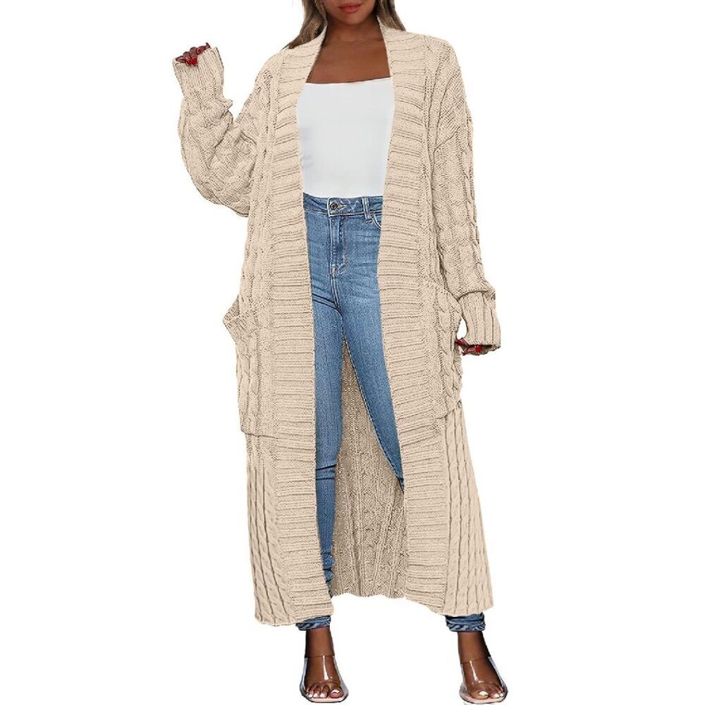 Long Cable Knit Cardigan Open Front Maxi Coat Cozy Oversized Sweater
